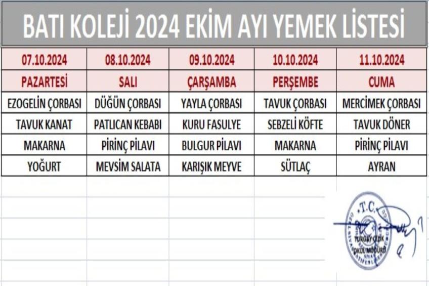 EKİM AYI YEMEK LİSTESİ - 2.HAFTA